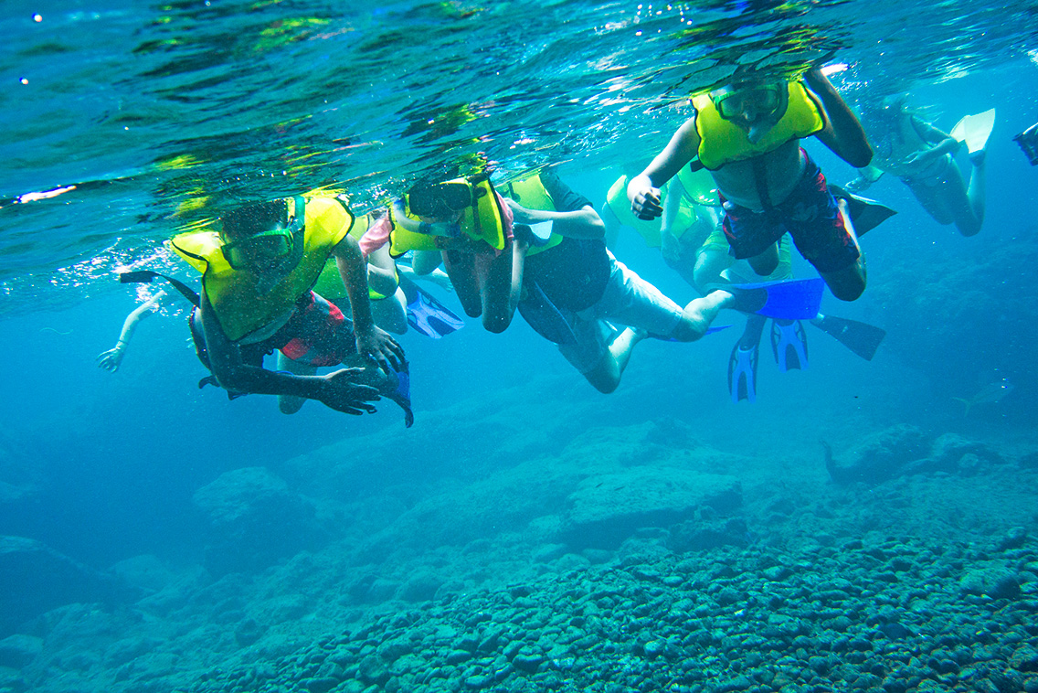 Un couple se tient la main alors qu'ils font de la plongée en scaphandre.