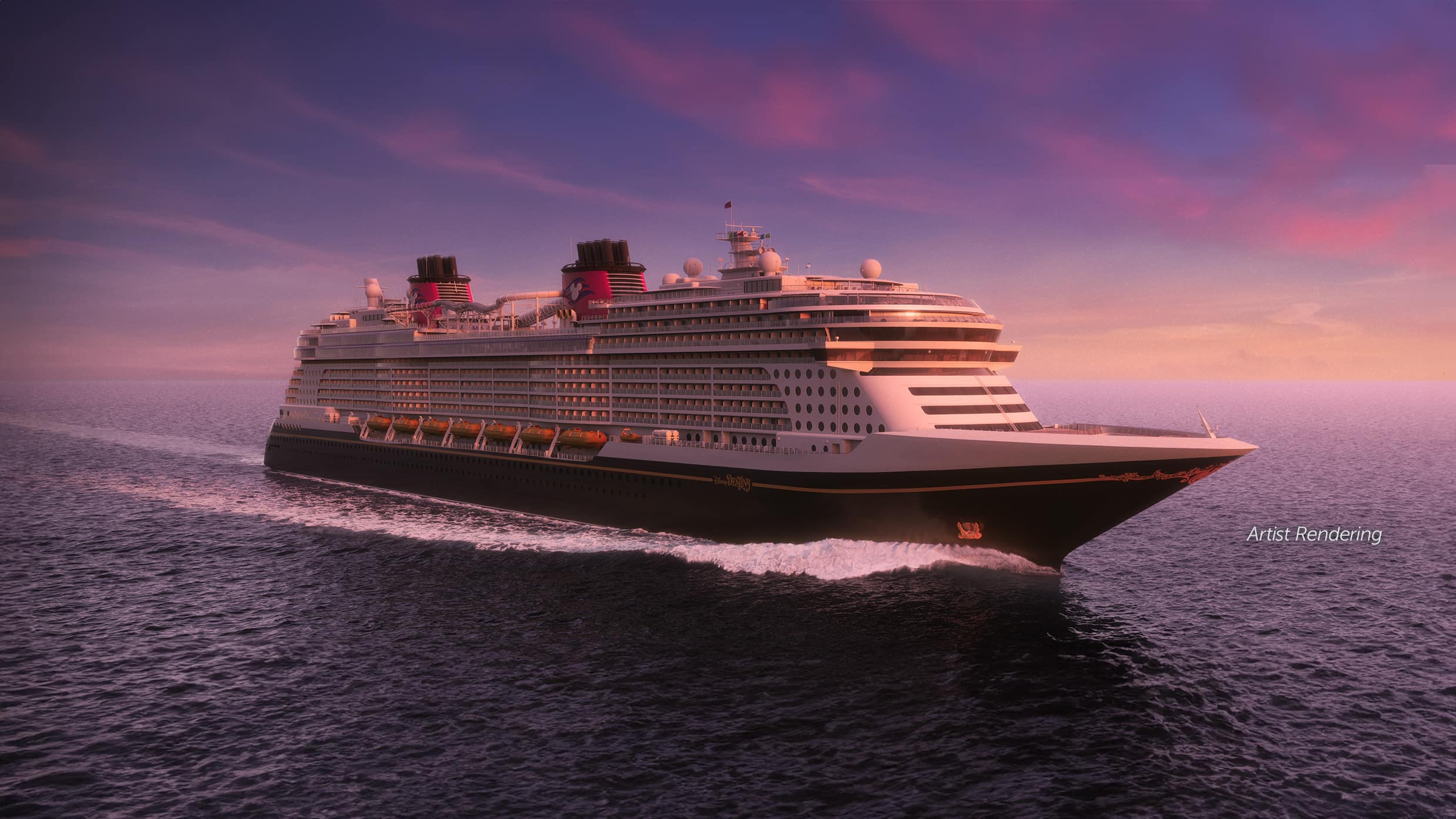Rendu artistique du bateau de croisière Disney Destiny naviguant en eaux libres au coucher du soleil