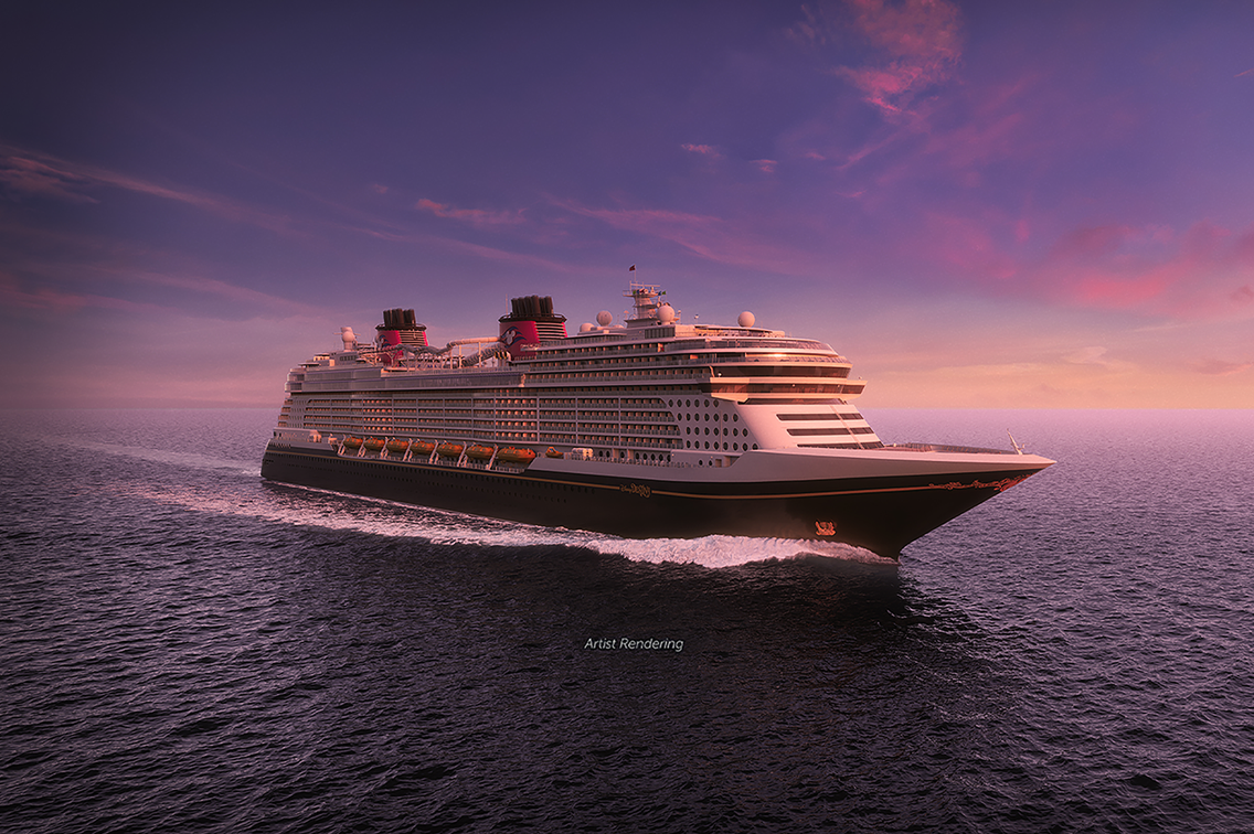Rendu artistique du bateau de croisière Disney Destiny naviguant en eaux libres au coucher du soleil